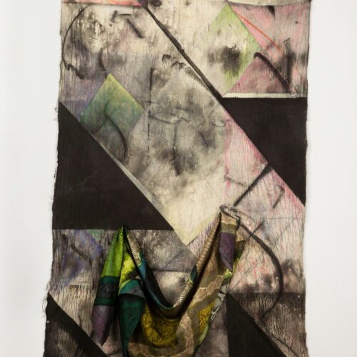 New Skin for Old Ceremonies Oil, acrylic, ink, charcoal, house paint, repurposed scarf on raw canvas 60 x 26 x 3 2021