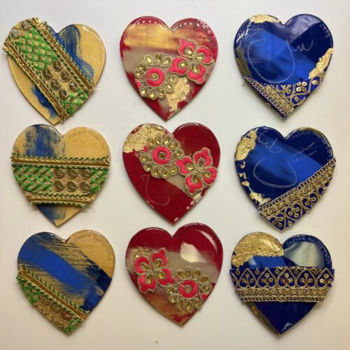 'Heart 4' 4" individual Mixed Media Hearts on wooden canvas