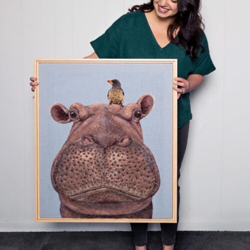 Title: Hippo and Her Oxpecker Companion, 24 x 28 inches, needle felted wool on linen, featured in Fiber 2020, Silvermine Galleries, New Canaan, CT