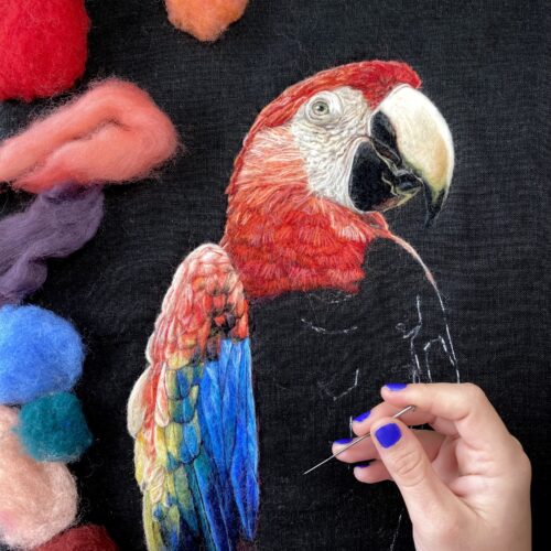 Scarlet Macaw portrait in progress, needle felted wool on linen