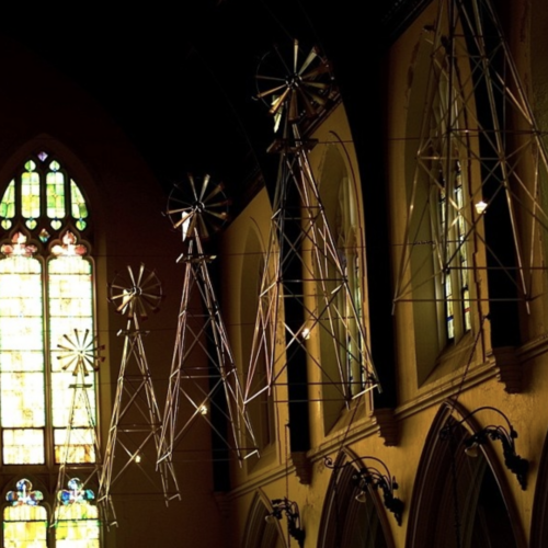 "Tilting at Giants" at Chambers Wylie Memorial Presbyterian Church, Philadelphia, PA (aluminum, candles)