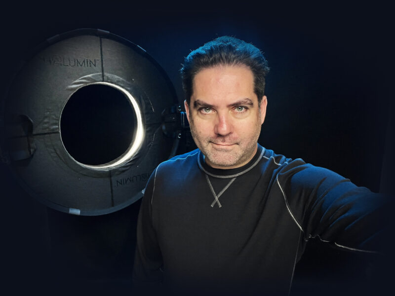 Jeremy Mason McGraw with his photography lighting invention Halumin.