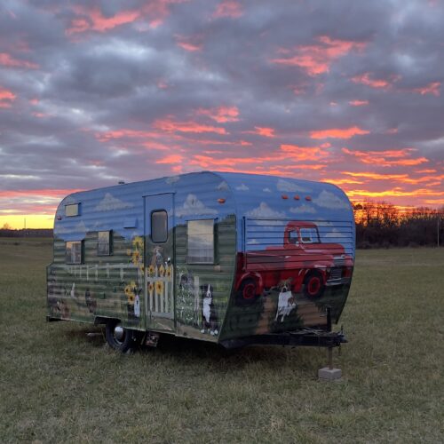 Try keeping your eyes on the road while driving past this! Multiple clients have asked for their campers to be turned into art, and this barnyard theme included over twenty animals and more that spanned all four sides!